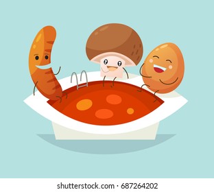 Breakfast products with faces sit on edge of plate pool with beans. Traditional irish breakfast. Vector illustration