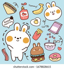 Breakfast   rabbit sticker collection  Cute animal   food hand drawn set  Baby bunny  Cartoon doodle  Vector  Illustration 