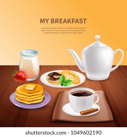 Breakfast realistic background with coffee pot cup of coffee pancakes and doughnuts vector illustration