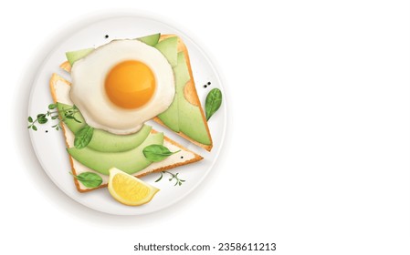 Breakfast realistic composition with avocado sandwich and fried egg on plate top view on blank background vector illustration