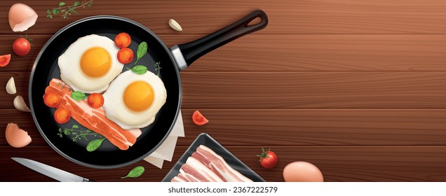 Breakfast realistic composition with frying pan on dark wooden table background and top view of meal vector illustration