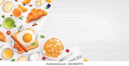 Breakfast realistic composition on white background with top view of honey croissant egg toast and cornflakes vector illustration