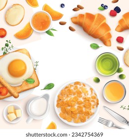 Breakfast realistic frame composition with empty space surrounded by top images of morning meal with cutlery vector illustration