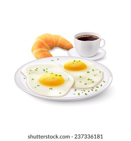 Desayuno realista con una taza de café cruasán y huevo frito en la ilustración vectorial de la placa