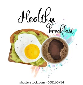 Breakfast realistic set with cup of coffee and toast with egg.