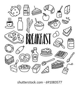 Breakfast related hand drawn doodle icons set. Food and drink.