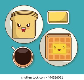 Breakfast represented by kawaii bread cartoon design. Colorfull and flat illustration