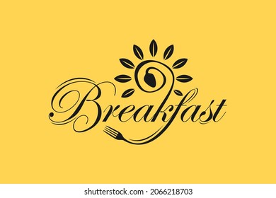 Breakfast Restaurant Logo With Sunrise Leaf Leaves Flower Spoon Fork Hipster Vintage Retro Typography Logo Design