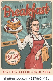 Breakfast restaurant vintage colorful flyer with woman waiter with Belgian waffles on patisserie dessert menu vector illustration