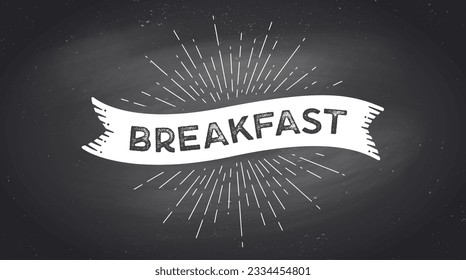 Desayuno, cartel. Banner de la cinta blanca negra con texto, frase Desayuno. Cinta de silueta gráfica blanca aislada, desayuno de tiza de texto en pizarra negra. Ilustración vectorial