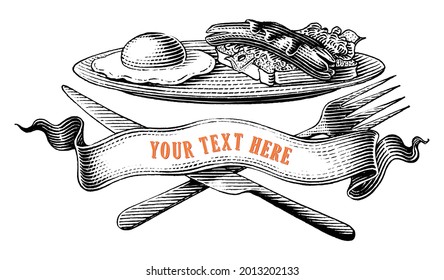 Breakfast with ribbon logo hand draw vintage engraving style black and white clip art isolated on white background