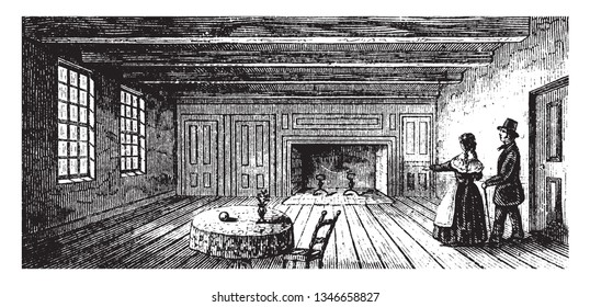 The Breakfast Room in the Robinson House in which Benedict Arnold was having breakfast ,vintage line drawing or engraving illustration