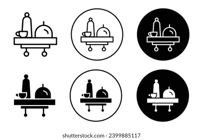 Breakfast room service icon. hotel or cafe restaurant dinner lunch food serving cart or catering table with platter dish logo set. breakfast in hotel room with waiter to serve food vector symbol