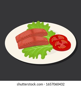Breakfast with salmon fillet, lettuce and tomato in cartoon style. Vector illustration.