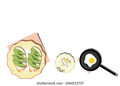 Breakfast with sandwich with avocado, cheese and eggs. Vector illustration. 