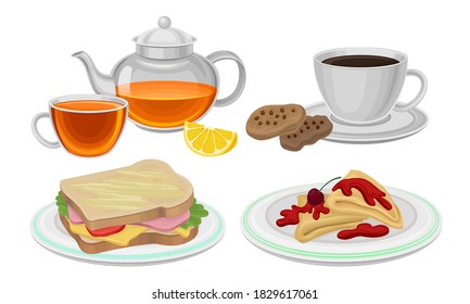 Breakfast with Sandwich, Crepe and Hot Drink in Cup and Kettle Vector Set