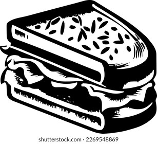 Breakfast sandwich, food, isolated, vintage drawing, vector illustration, black color