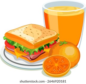 breakfast sandwich fruits and juice