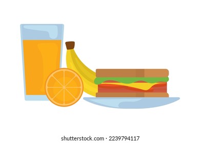 breakfast with sandwich, fruits and orange juice