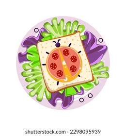 Breakfast with sandwich and lettuce. Funny ladybug figurine made of cheese, salami and olives. Clipart. Isolated vector illustration on white background. Clipart.