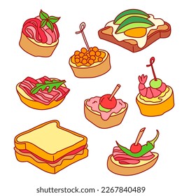 Breakfast sandwich, sliders, tapas, toast. Colorful hand drawn vector illustrations set isolated on background. Outline stroke is not expanded, stroke weight is editable