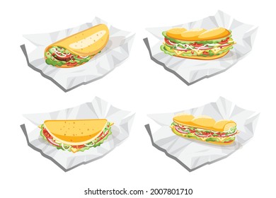 Breakfast sandwich, Taco and burrito, Fast food vector illustration