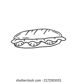 Breakfast sandwich. Take-away food. Hand drawn line vector illustration.