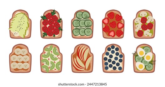 Breakfast sandwiches with different toppings. Recipes for healthy eating illustration. Vector set on white background.