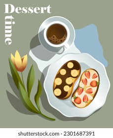 Breakfast sandwiches with strawberries and banana. Mug of coffee. Food illustration. Desserts poster