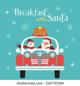 Breakfast with Santa Fancy Holiday vector poster. Cute Santa, snowman deliver pancakes in car cartoon. Fun brunch Christmas kids enjoy. New Year's eve festive menu invitation background Illustration