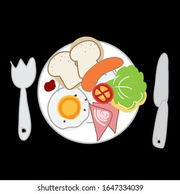 Breakfast sausage, ham, tomato, fried egg, vegetables in a white dish.
