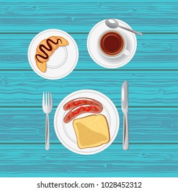 Breakfast with sausages, toast, croissant and tea. Top view. Vector illustration.