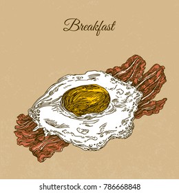 Breakfast with scrambled egg. Eggs and bacon. Engraving style. Vector illustration.
