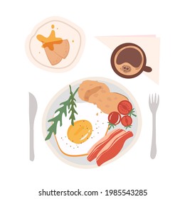 Breakfast with scrambled eggs, bacon, arugula, pancakes, honey and coffee. Vector illustration in flat style