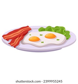 Breakfast with scrambled eggs, bacon and lettuce leaves.Healthy breakfast plate.Morning plate.Fried egg.British breakfast.Isolated on white background.Vector flat illustration.