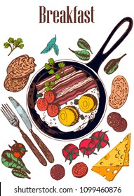 Breakfast, scrambled eggs, bacon, tomatoes, cheese, bread, lettuce, hand drawing, vector, set isolated on white background
