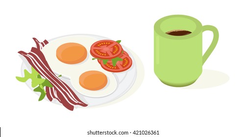 Breakfast. Scrambled eggs with bacon, tomatoes and lettuce and cap of coffee. Vector illustration
