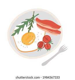 Breakfast with scrambled eggs and bacon. Vector illustration in flat style.