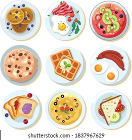 Breakfast, scrambled eggs, bread, sausages, muesli, pancakes, fruit bowl, sandwiches, waffles