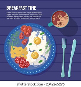 Breakfast of scrambled eggs, cup of coffee top view. Breakfast time concept. Vector flat illustration. Tasty food with fork and knife, good morning. Healthy eating