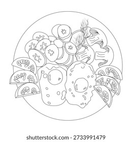 A breakfast of scrambled eggs, fresh tomatoes, mushrooms, fried vegetables, and a sprig of dill. Food on a plate in doodle style. Vector illustration isolated on a white background.