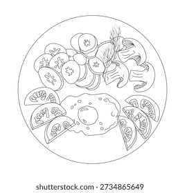 A breakfast of scrambled eggs, fresh tomatoes, mushrooms, fried vegetables, and a sprig of dill. Food on a plate in doodle style. Vector illustration isolated on a white background.