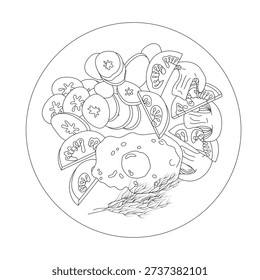 A breakfast of scrambled eggs, fresh tomatoes, mushrooms, fried vegetables, and a sprig of dill. Food on a plate in doodle style. Vector illustration isolated on a white background.
