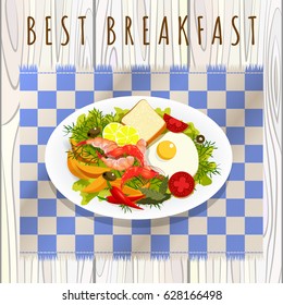 breakfast seafood plate egg shrimp toast green salad tomatoes potato slices dill hot pepper lemon olives. White table cloth wooden concept  menu healthy. Vector Cartoon style
