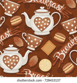 Breakfast seamless background. Tea time greeting design. Breakfast vector wallpaper