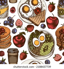 Breakfast seamless pattern background design. Engraved style. Hand drawn pancakes, bowl with avocado, chia pudding, fried eggs, raspberry, blueberry, strawberry, apples, paper cup.