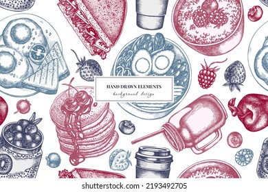 Breakfast seamless pattern background design. Engraved style. Hand drawn sandwich, pancakes, bowl with avocado, porridge with berries, chia pudding, fried eggs, raspberry, blueberry, strawberry