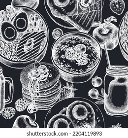 Breakfast seamless pattern background design. Engraved style. Hand drawn pancakes, bowl with avocado, porridge with berries, fried eggs, raspberry, blueberry, strawberry, apples, smothie jars.