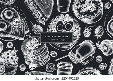 Breakfast seamless pattern background design. Engraved style. Hand drawn sandwich, pancakes, bowl with avocado, porridge with berries, chia pudding, fried eggs, raspberry, blueberry, strawberry