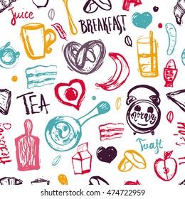 Breakfast seamless pattern with bread, porridge, coffee, eggs and lettering. Can be used for menu, banner, background and site header.